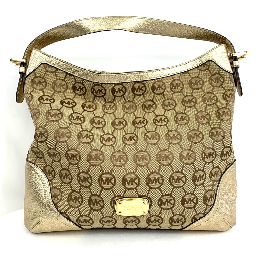 Michael Kors Millwork Tan Brown Canvas Signature Large Shoulder Bag Gold Leather